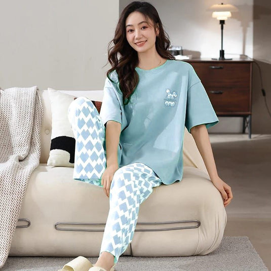 Light Blue Motion Printed Half Sleeves Shirt And White Blue Printed Trouser Night Wear