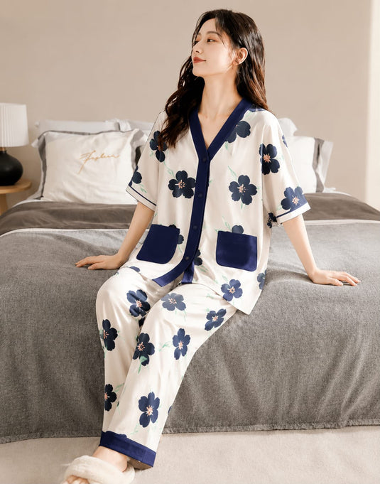 Blue Flowers Printed With Pockets Front Button Night Wear