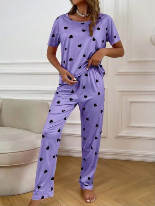 Purple With Black Hearts Printed Half Sleeves Shirt And Black Hearts Printed Trouser Night Wear