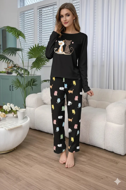 Black 2 Cats Full Sleeves Shirt and Printed Trouser Night Wear