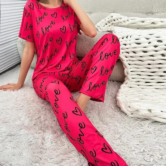 Shocking Pink Love Printed Half Sleeves T-Shirt With Printed Trouser Night Wear