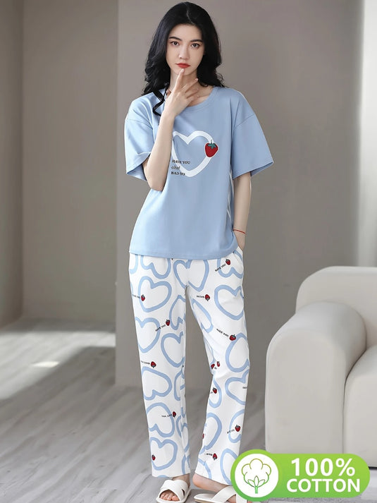 Sky Blue Strawberry Heart Printed Half Sleeves Shirt and Printed Trouser Night Wear