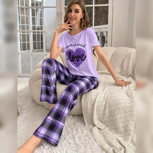 Light Purple With Love Heart Printed And Purple Check Printed Trouser Night Wear