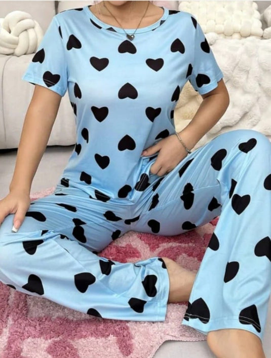 Sky Blue With Black Hearts Printed Half Sleeves Shirt And Black Hearts Printed Trouser Night Wear