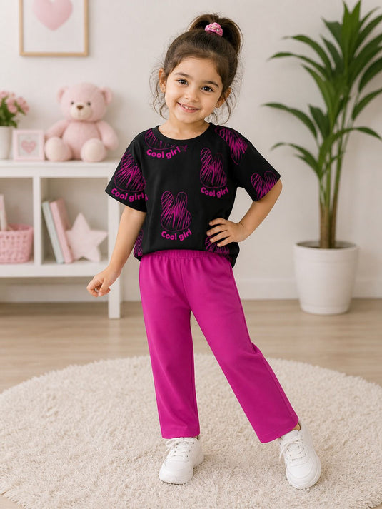 Black Cool Girl Printed Shirt & With Purple Plain Trouser Kids Suit