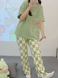 Green Happy Day Half Sleeves Printed Shirt and Printed Trouser Night Wear