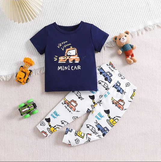 Navy Blue Mini Car Printed Kids Suit