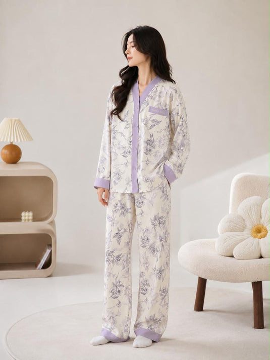 Off White With Purple Strips Printed V Neck Front Button Night Wear