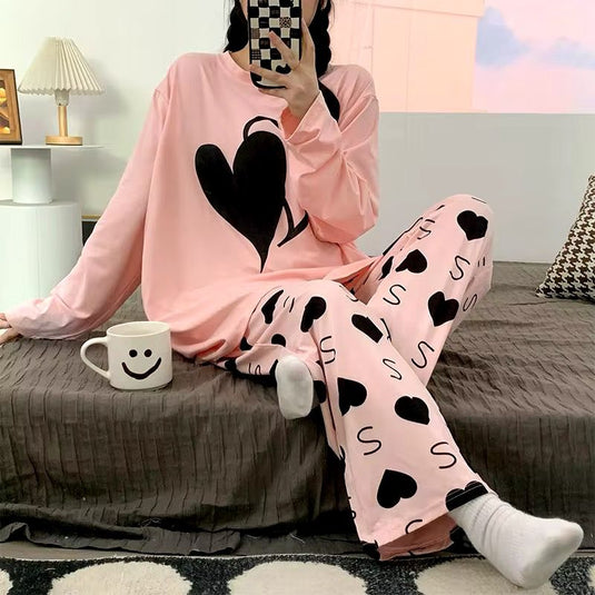 Pink Double Heart Full Sleeves Night Wear