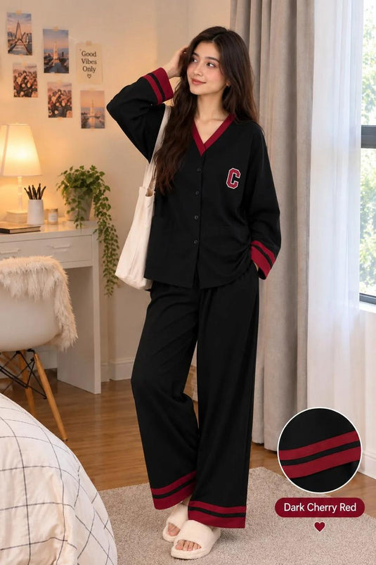 Black With Red V Neck Classic Printed Front Button Night Wear