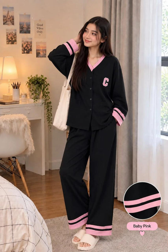 Black With Pink V Neck Classic Printed Front Button Night Wear