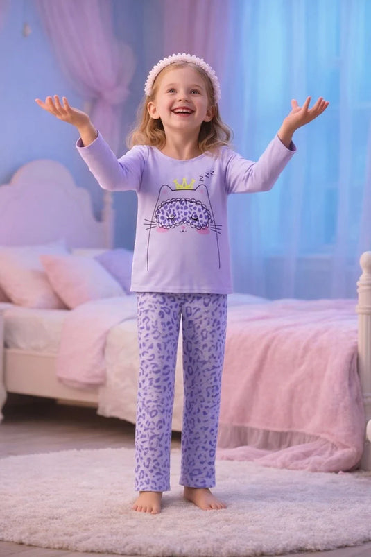 Purple Sleeping Cat Printed Kids Suit