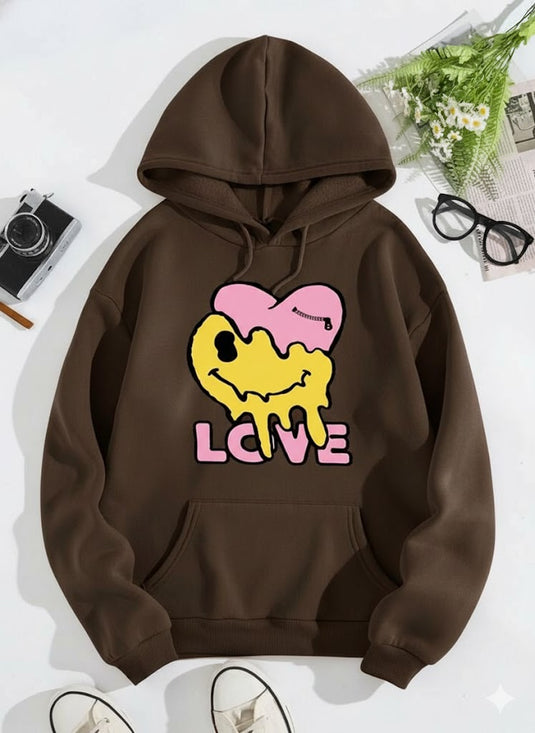Chocolate Brown Love Smile Printed Hoodie