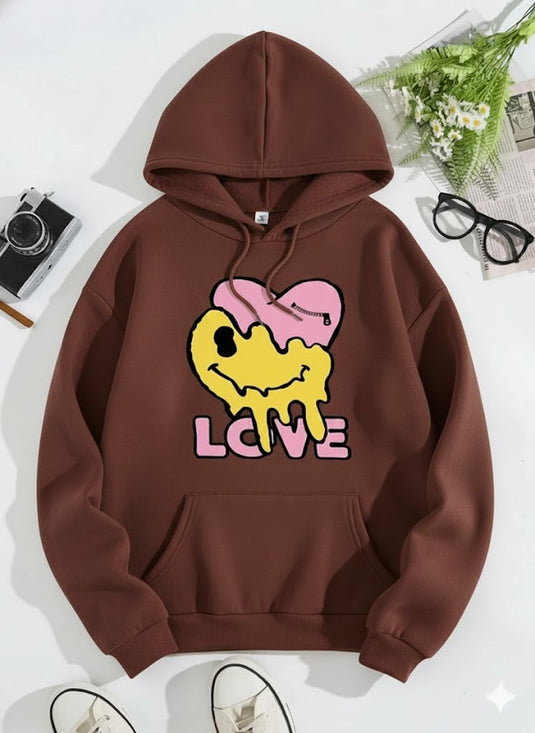 Brown Love Smile Printed Hoodie
