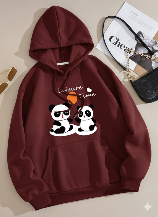 Mehroon Panda Printed Hoodie