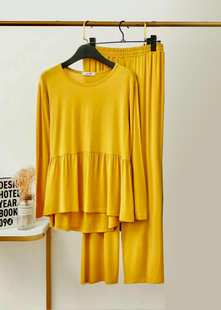 Plain Yellow Frill Style Full Sleeves and Pajama Night Suit for Her ...