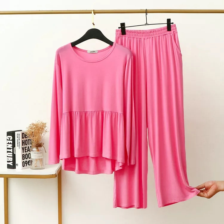 Plain Pink Frill Style Full Sleeves and Pajama Night Suit for Her ...
