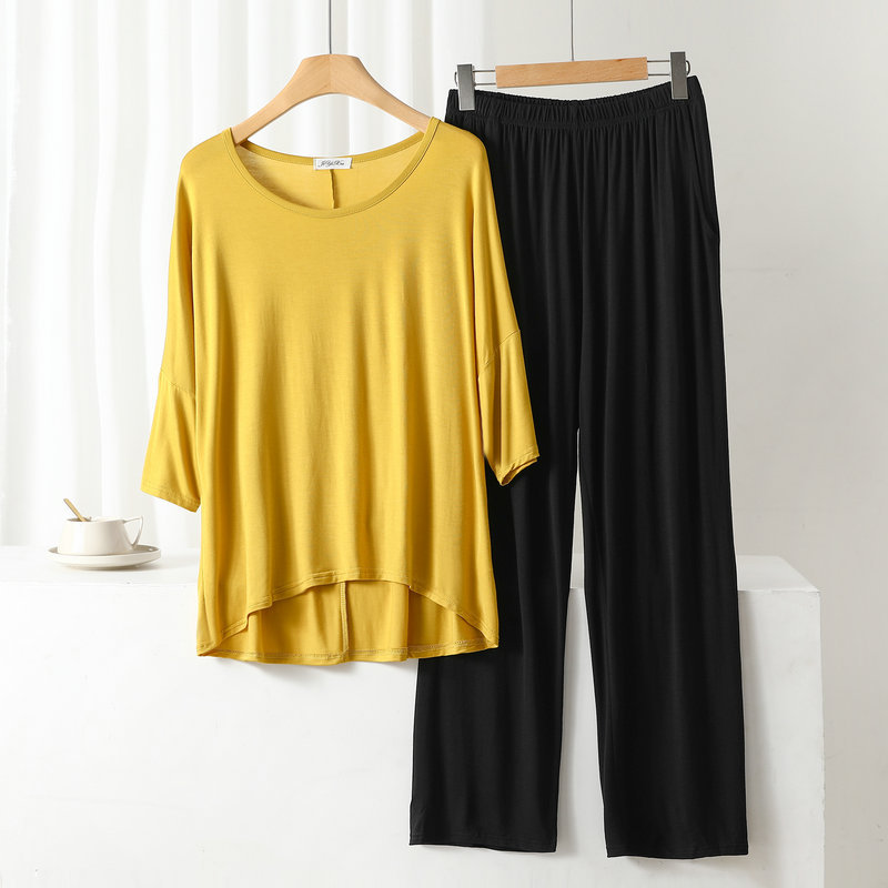 Plain Yellow With Round Neck Black Trouser Night Wear For Girls. (LO ...